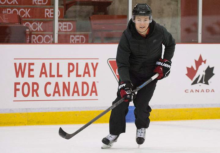 Curtis Lazar skates during a Canadian Tire Jumpstart event in Montreal, Monday, December 22, 2014, after being named captain of Canada's National Junior hockey team.