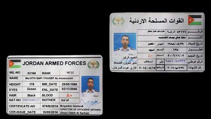 This image posted by the Raqqa Media Center of the Islamic State group, a militant extremist group, which has been authenticated based on its contents and other AP reporting, shows a photograph of the Jordanian military identity card of the pilot identifying him as Mu’ath Safi Yousef al-Kaseasbeh in Raqqa, Syria, Wednesday, Dec. 24, 2014. Islamic State group fighters shot down a warplane on Wednesday believed to be from the U.S.-led coalition over Syria and captured its pilot, activists said.