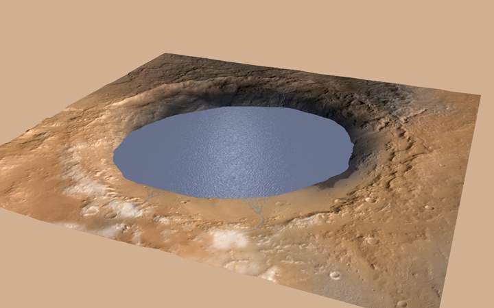 This illustration depicts a lake of water partially filling Mars' Gale Crater.