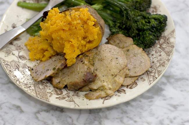 This photo shows 48-hour mustard marinated pork tenderloin roast in Concord, N.H.
