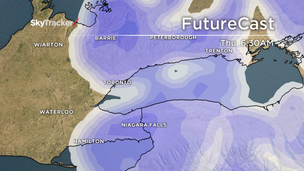 The snow moves into the GTA just in time for Thursday’s morning commute.