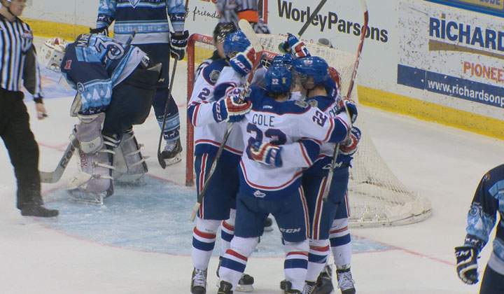 The Regina Pats score the winning goal against the Saskatoon Blades Saturday with seconds left on the clock at the SaskTel Centre.