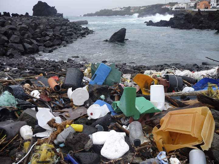A beach in the Azores, cluttered with waste