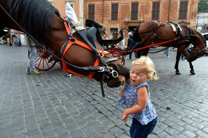 A little girl reacts as a horse tries to catch her at Piazza di Spagna on October 2, 2014 in Rome.
