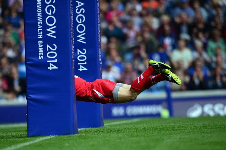 Lee Williams of Wales scores a try against Australia during the Rugby Sevens quarter-final match at Ibrox Stadium during the 2014 Commonwealth Games in Glasgow on July 27, 2014.