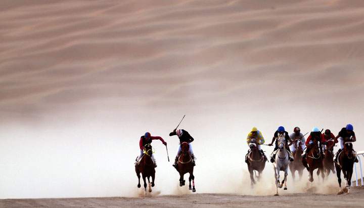 Jockeys compete in a race for purebred Arab horses during the Liwa 2014 Moreeb Dune Festival on January 2, 2014, in the Liwa desert.