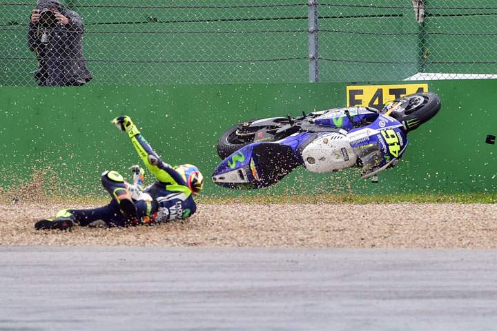Valentino Rossi falls during the free practice session ahead of the San Marino Moto Grand Prix on September 12, 2014 in Misano Adriatico.