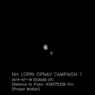 A movie of Pluto and its largest moon, Charon, taken by NASA’s New Horizons spacecraft as it raced toward Pluto in July 2014. The 12 images that make up the movie were taken July 19-24, 2014, with the spacecraft’s best telescopic camera -– the Long Range Reconnaissance Imager (LORRI) – at distances ranging from about 429 million to 422 million kilometres.