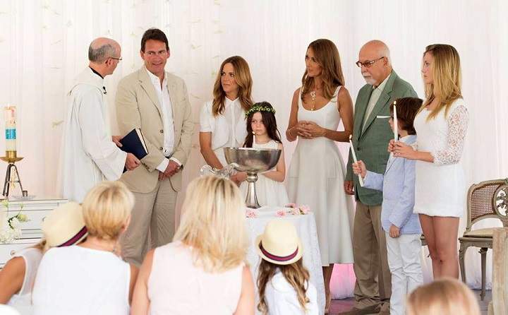 The Péladeau family at younger daughter Romy’s baptism, where they were joined by Celine Dion and husband René Angélil. Photo Courtesy of Journal de Montreal.