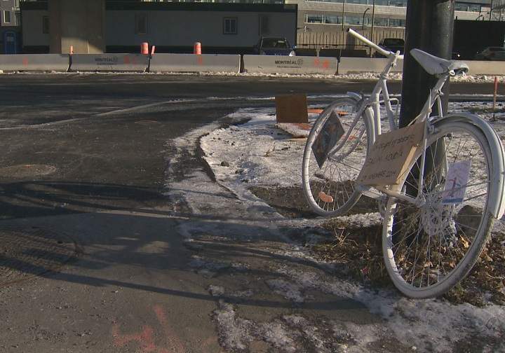 A ghost bike was installed on December 4, 2014 in Montreal, in memory of cyclist Salim Aoudia, who was killed last week while riding his bike.