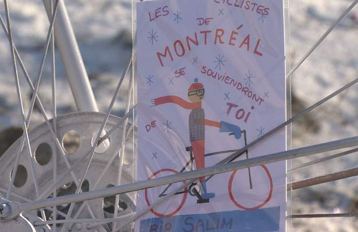 A ghost bike was installed on December 4, 2014 in Montreal, in memory of cyclist Salim Aoudia, who was killed last week while riding his bike.