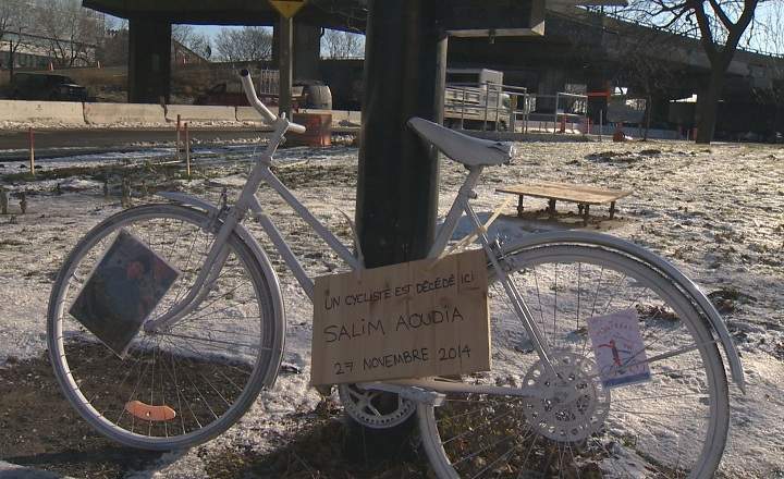 A ghost bike was installed on December 4, 2014 in Montreal, in memory of cyclist Salim Aoudia, who was killed last week while riding his bike.