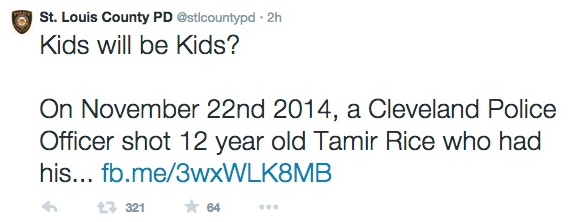A screenshot of a now deleted Tweet by the St. Louis County Police Department.