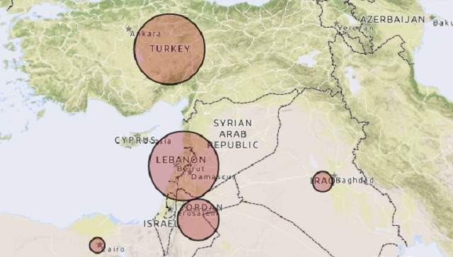 Map of where Syrian refugees have fled to during Syria’s 3 1/2-year civil war.