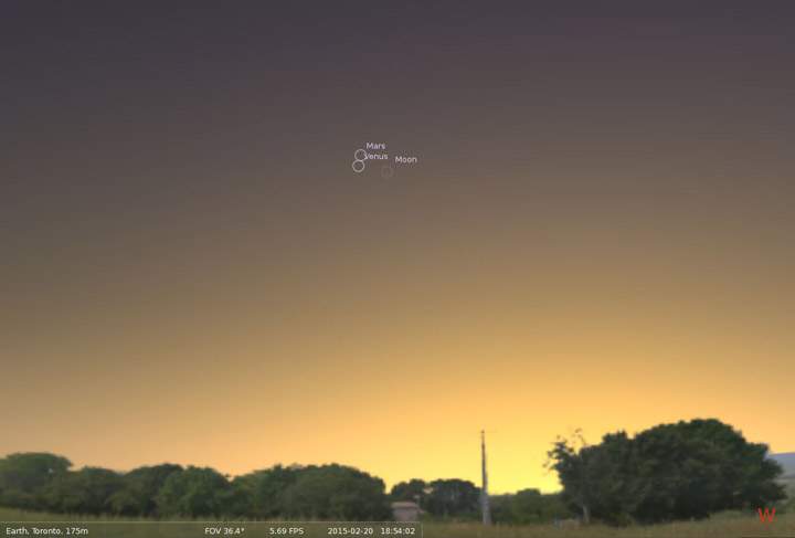 On Feb. 20, 2015, you can see a conjunction of Venus, Mars and the crescent moon in the western sky just after sunset.