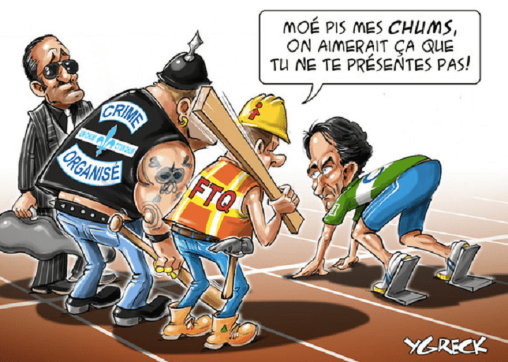 He is also known to be runing in at least one race: for the leadership of the Parti Quebecois, that is. Cartoon courtesy of YGreck of Le Journal de Quebec.