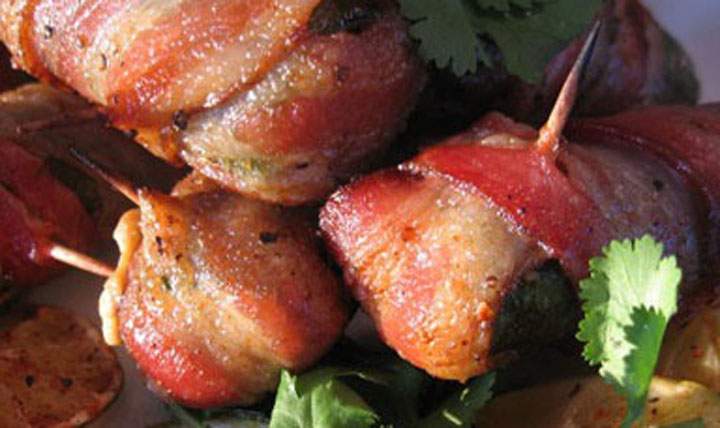 Bacon-wrapped jalapeno poppers.