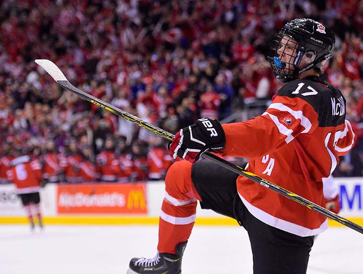 Canada's Connor McDavid celebrates his goal against Denmark with teammates Fredrik Gauthier (22) during second period quarter-final action at the World Junior Hockey Championships in Toronto on Friday January 2, 2015.