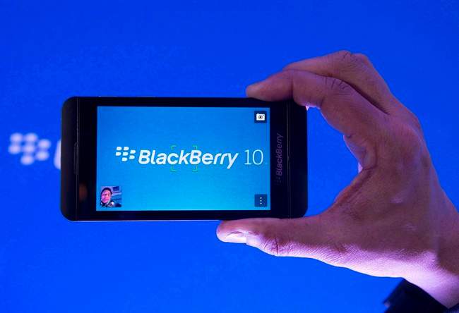 A BlackBerry Z10 is shown during the launch of the company's new smartphones in Toronto on Jan. 30, 2013.