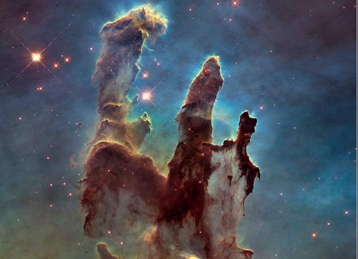 A high-definition photo of the “Pillars of Creation,” as taken by the Hubble Space Telescope.