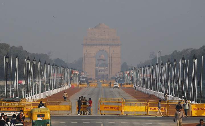 Rajpath, the ceremonial boulevard for Republic Day parade leading to landmark war memorial India Gate, is seen behind barricades in New Delhi, India, Friday, Jan. 23, 2015.