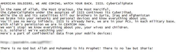 A screen capture from the hacked CENTCOM Twitter account.