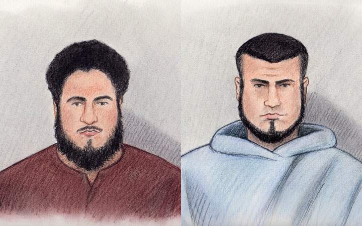 A third man, not pictured, has been arrested in Ottawa and charged with terrorism-related activities linked to arrests of Ashton Larmond (left) and Carlos Larmond (right), who made brief court appearances via video in Ottawa Saturday in connection with terrorism charges.