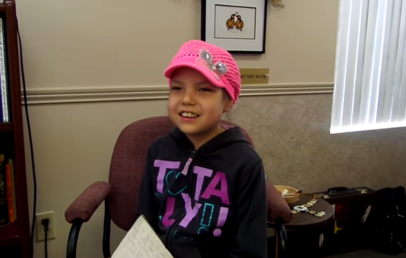 Makayla Sault,11, reads a statement in a YouTube video on why she is quitting her chemotherapy treatment posted May 13, 2014. 
