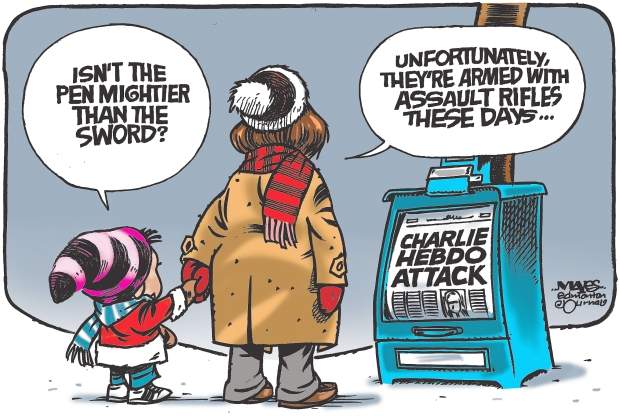 Political cartoon by the Edmonton Journal’s Malcolm Mayes. “Automatic weapons prove mightier than the pen in Charlie Hebdo attack.”