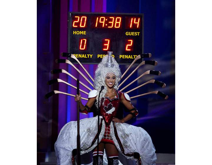 Miss Canada, Chanel Beckenlehner, poses for the judges, during the national costume show during the 63rd annual Miss Universe Competition in Miami, Fla., Wednesday, Jan. 21, 2015.