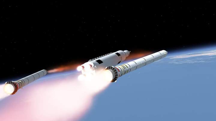 An artist’s concept of the booster rocket separation on the SLS. The primary rockets, which will be the repurposed RS-25 engines, have been ignited.
