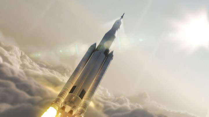 An artist’s concept of NASA SLS rocket lifting off.