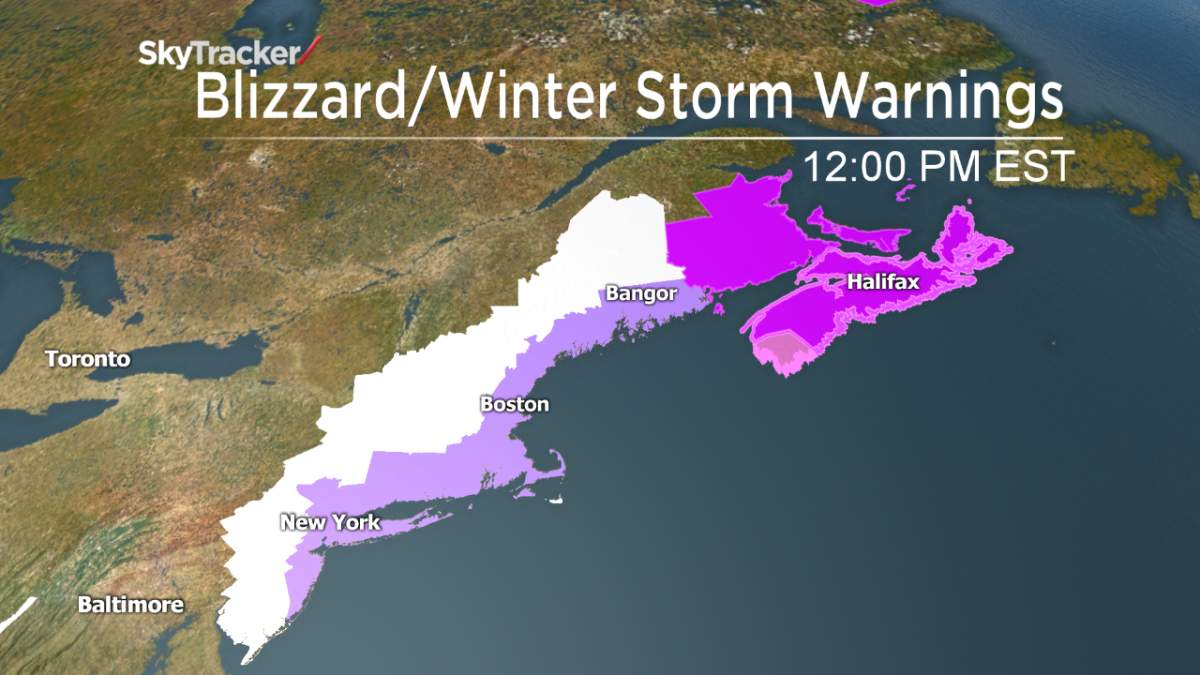 Blizzard warnings have been issued from New York City to Bangor, Maine with winter storm warnings (white) also issued. In Canada, blizzard warnings have been issued for New Brunswick and Nova Scotia.