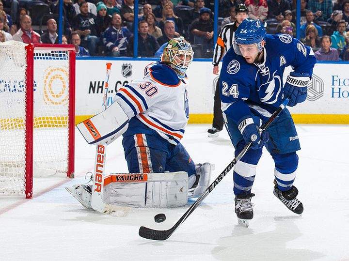 Ryan Callahan #24 of the Tampa Bay Lightning controls the puck against goalie Ben Scrivens #30 of the Edmonton Oilers during the third period at the Amalie Arena on January 15, 2014 in Tampa, Florida. 