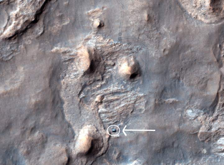 The Mars rover Curiosity as seen from the HiRISE camera on the MRO.