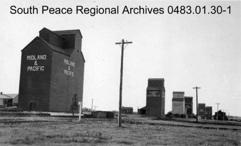Photo taken in 1950 of seven grain elevators in the town of Sexsmith, Alberta.