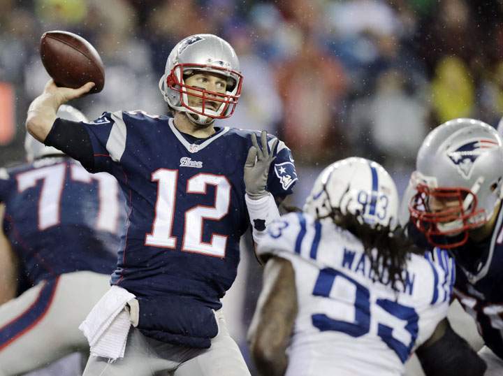 New England Patriots quarterback Tom Brady passes against the Indianapolis Colts during the second half of the NFL football AFC Championship game Sunday, Jan. 18, 2015, in Foxborough, Mass.