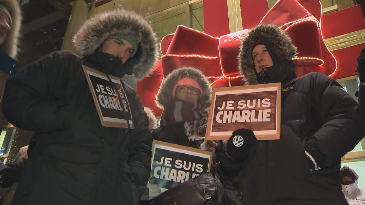 Charlie Hebdo vigil outside French consulate in Montreal.