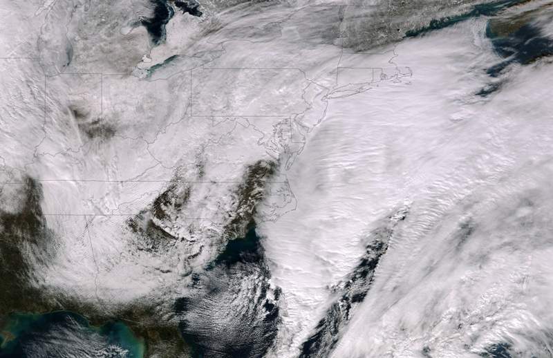 In this handout provided by the National Oceanic and Atmospheric Administration (NOAA) from the Suomi NPP satellite, a major winter storm covers the Atlantic region bringing snow to the Northeast of the U.S. pictured at 18:25 UTC on January 26, 2015.
