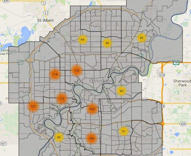 Edmonton’s 311 Explorer Map shows where the most pothole complaints are. Feb. 23, 2015.