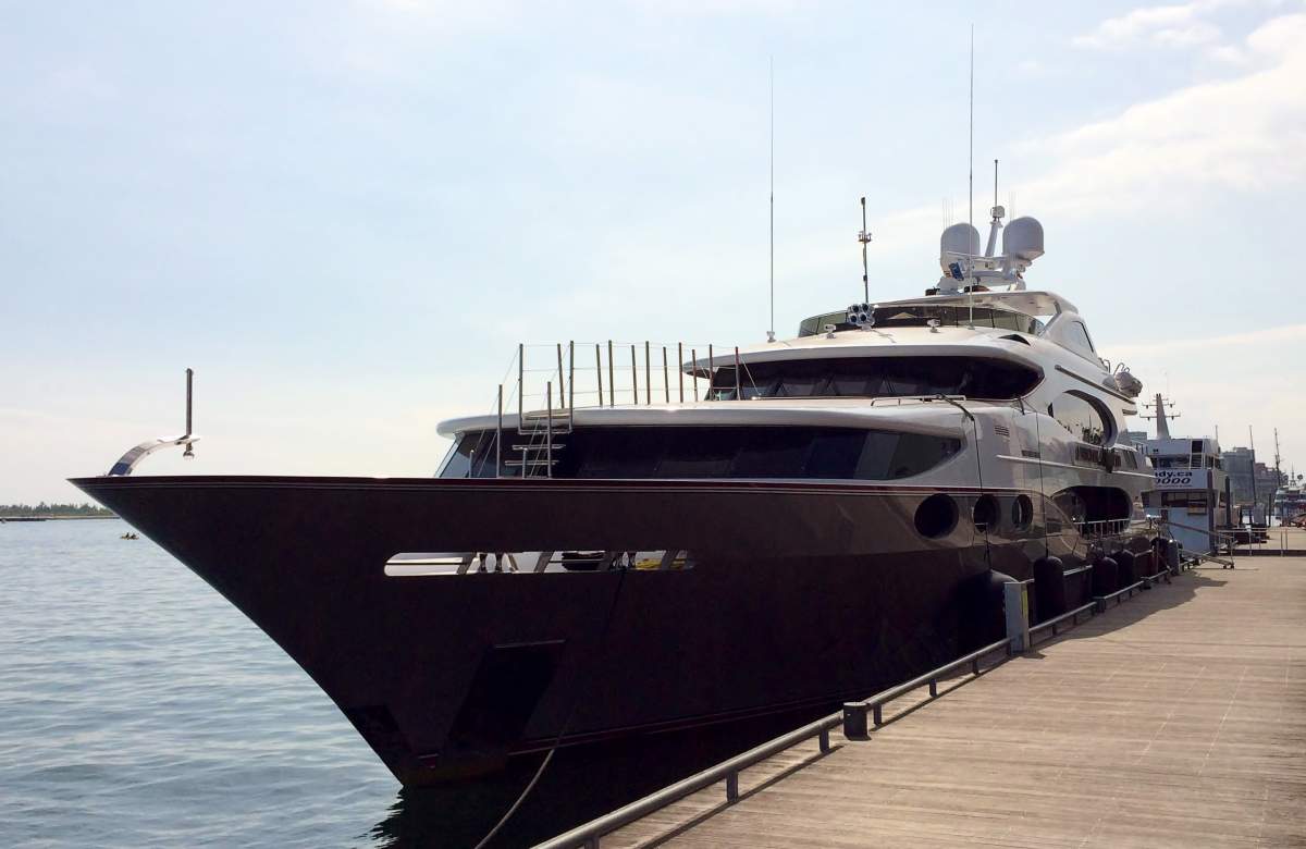 The "Destination Fox Harb'r Too," owned by Tim Hortons chain co-founder Ron Joyce, is seen Aug. 22, 2014, on the Toronto waterfront. 