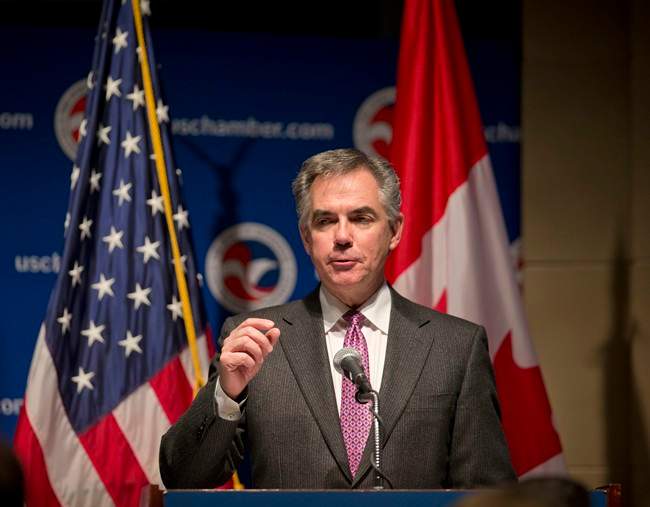 Alberta Premier Jim Prentice gestures during his keynote address at the US Chamber of Commerce in Washington,Wednesday, Feb. 4, 2015.