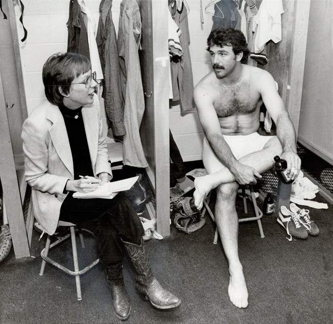 Toronto Star reporter Alison Gordon speaks with Toronto Blue Jay Rick Bosetti in Toronto on Oct. 5, 1979. All Alison Gordon wanted to do was write about baseball when she became a sports reporter at the Toronto Star in the late 1970s. But as one of the few women on the beat back then, just doing her job was a daily fight. Gordon, who died Thursday at the age of 72, became a trailblazer for female sports journalists, breaking down barriers that had previously kept women out of the locker-room. 