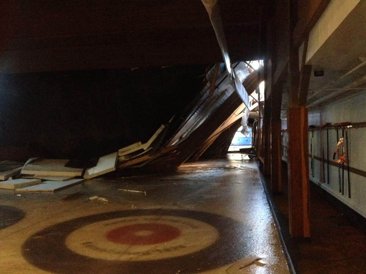 A view of the damage inside the Halifax Curling Club after roof collapsed due to heavy snow fall. 
