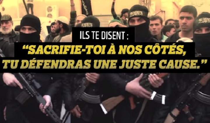A French government video attempts to counter ISIS recruitment messages. A caption in the video reads, "They say: 'Come sacrifice yourself on our side and you'll be defending a just cause.'" The following message reads, "In reality: You'll discover hell on earth and die alone, far from home." .