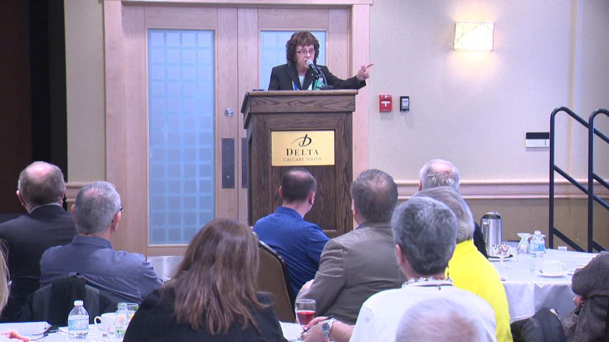 Wildrose Party leader  Heather Forsyth speaking at the Delta South Calgary Hotel Saturday.  