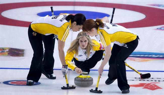 Manitoba skip Jennifer Jones makes a shot during a morning draw against P.E.I. at the Scotties Tournament of Hearts.