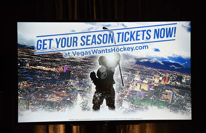 A television shows an advertisement from Hockey Vision Las Vegas during a news conference at the MGM Grand Hotel & Casino announcing the launch of a season ticket drive to try to gauge if there is enough interest in Las Vegas to support an NHL team on February 10, 2015 in Las Vegas, Nevada. 
