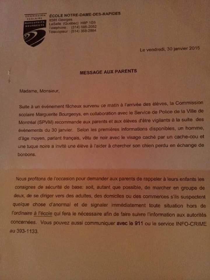 A letter sent to parents of children who attend a school in Lasalle, warning them of a possible predator.