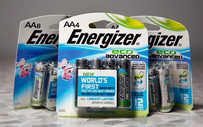 This Monday, Feb. 2, 2015 photo shows examples of new Energizer EcoAdvanced batteries, at the company's headquarters in St. Louis. Energizer EcoAdvanced is expected in stores this week and are being touted as the first AA and AAA batteries made in part from recycled batteries.
